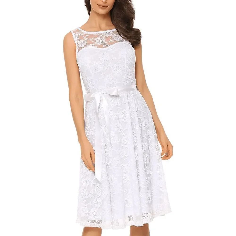 White Lace Wedding Party Bride Sleeveless Formal Elegant Dress w/Belt XXL NWT
